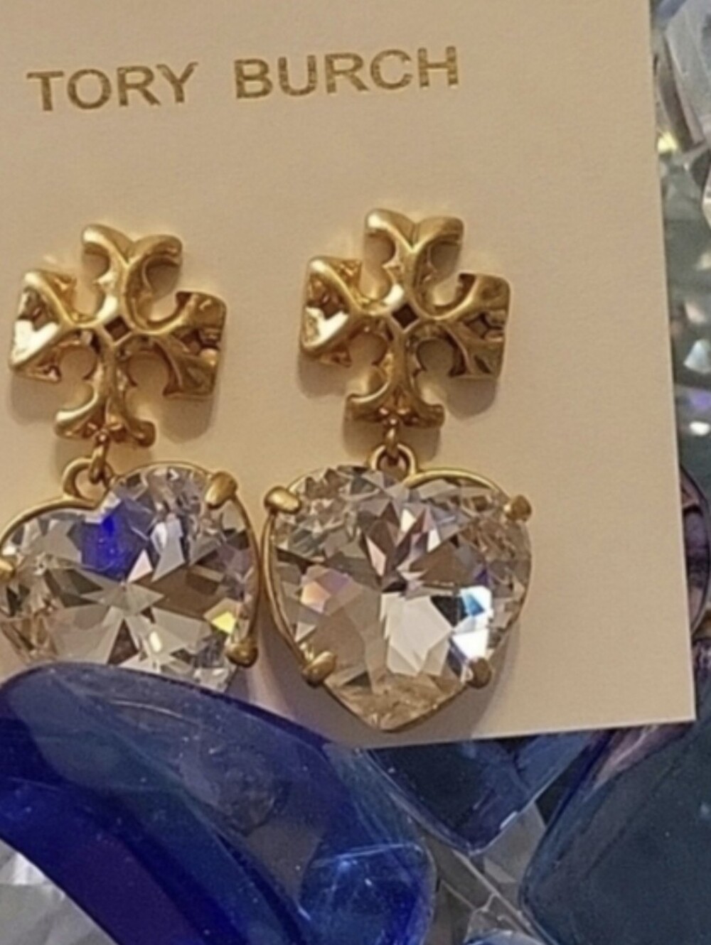 Tory Burch Gold-Tone Heart Drop Crystal Earrings